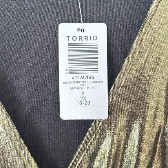 Torrid Top Liquid Shine Peplum Blouse Sz 18/20 Gold Metallic Party New - Picture 9 of 11